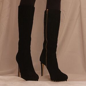 MICHAEL Michael Kors "Ailee" Tall Black Heeled Boots with Gold Zipper